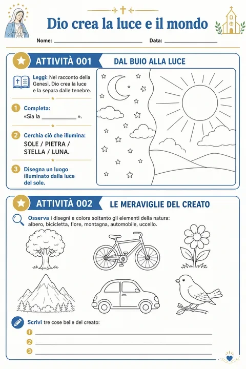 Schede attività: Dio crea la luce e il mondo e le meraviglie del creato