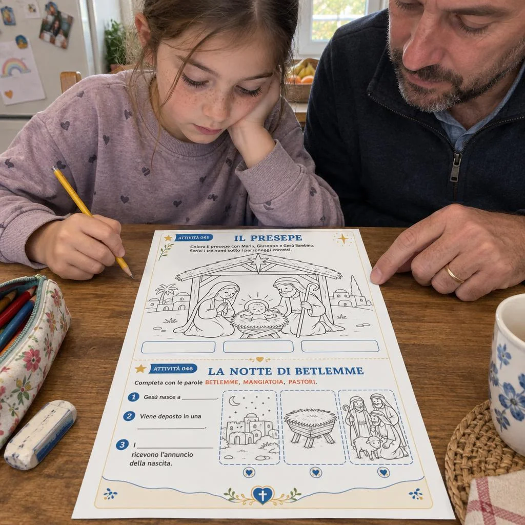 Bambina e adulto utilizzano la scheda Il presepe