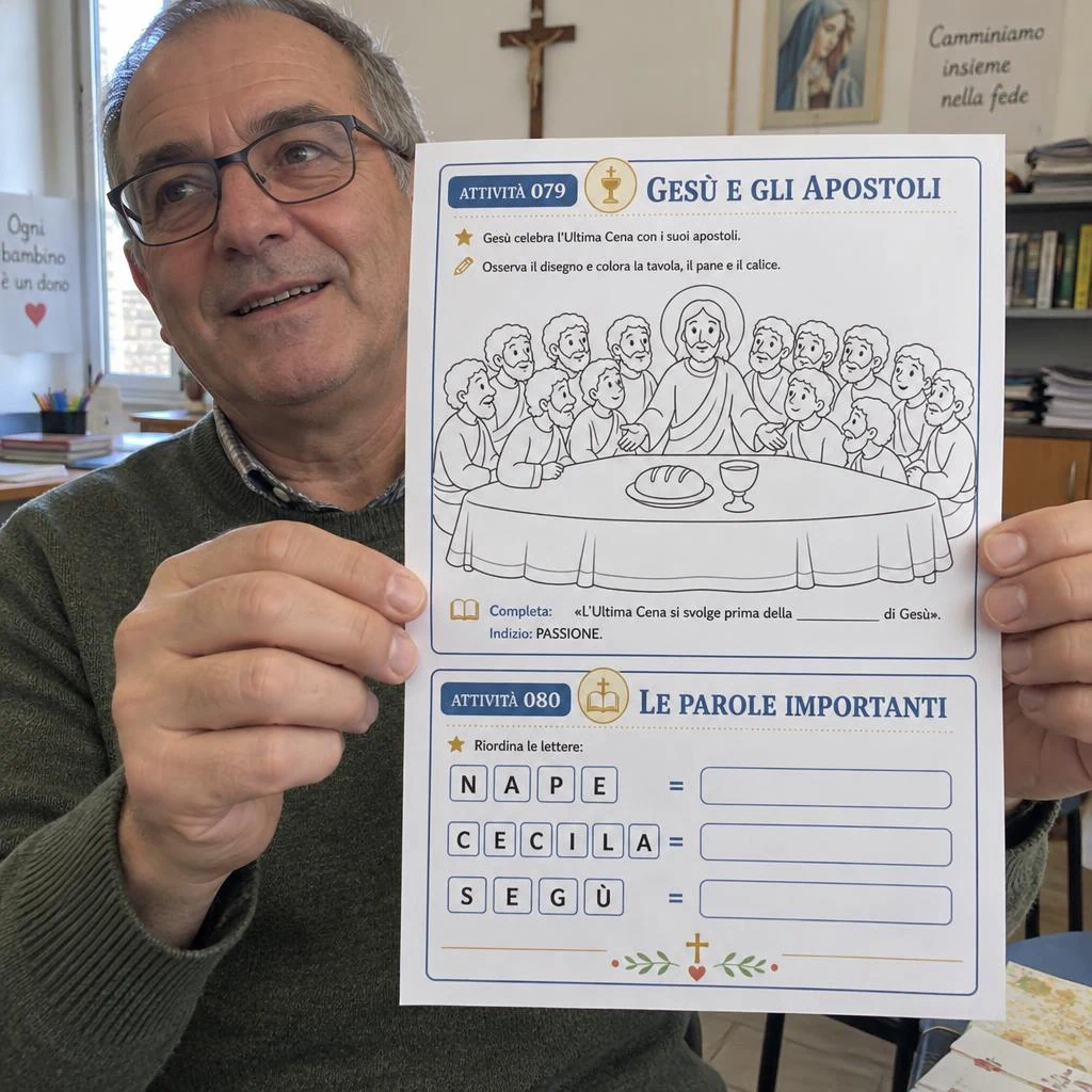 Catechista presenta la scheda stampata Gesù e gli Apostoli